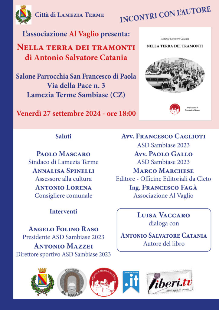 La locandina della presentazione del libro dal titolo NELLA TERRA DEI TRAMONTI di Antonio Salvatore Catania