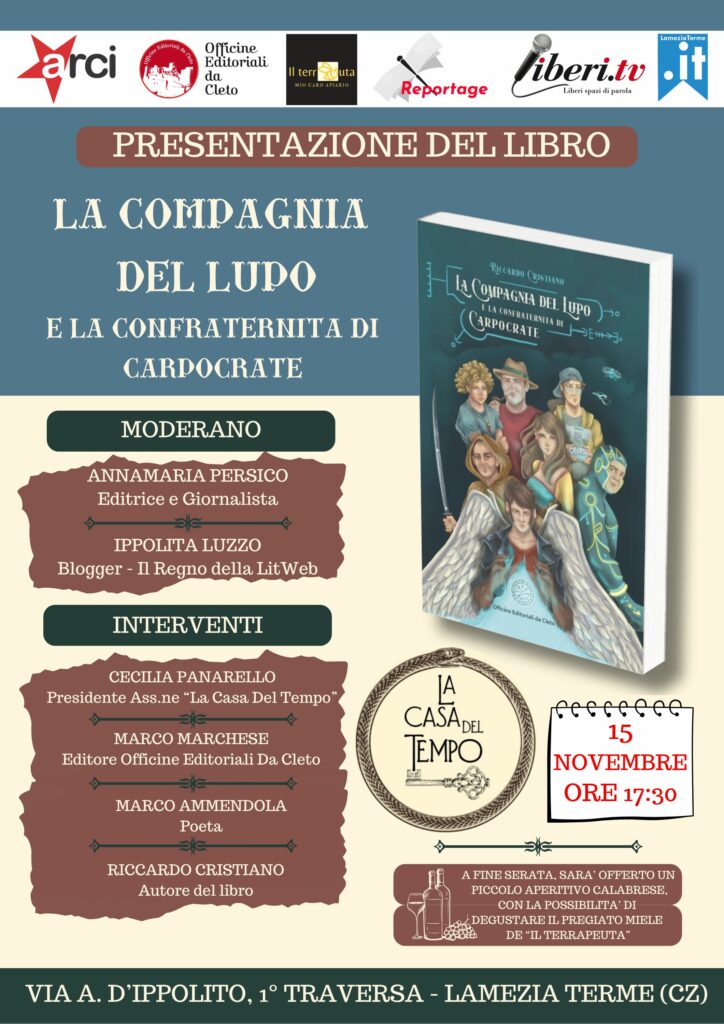 La locandina della presentazione del libro La Compagnia Del Lupo e La Confraternita di Carpocrate