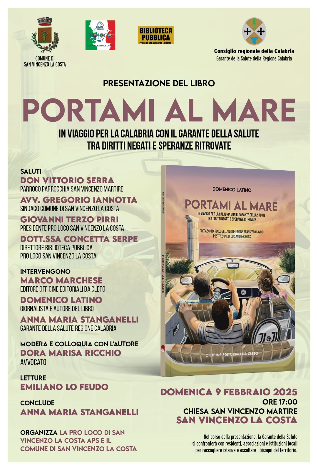 La locandina della Presentazione del libro dal titolo PORTAMI AL MARE di Domenico Latino - San Vincenzo La Costa - 9 febbraio 2025