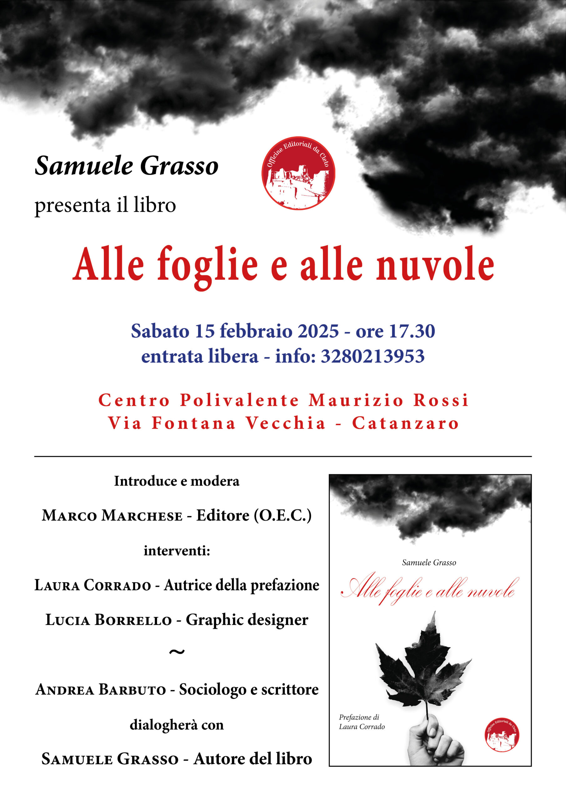 La locandina della presentazione del libro dal titolo Alle foglie e alle nuvole